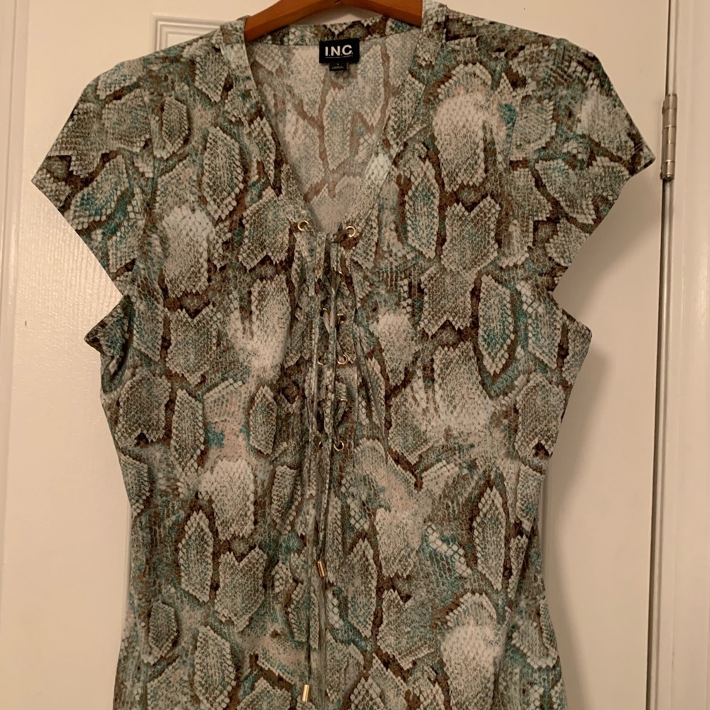 INC International Concepts Women's Snake Print Top - Green and Brown